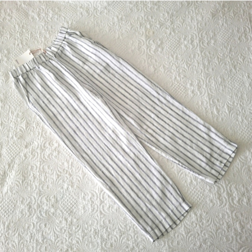 Quince S NWT 100% Linen Striped Pants Tapered Ankle Cream Black - Picture 3 of 7
